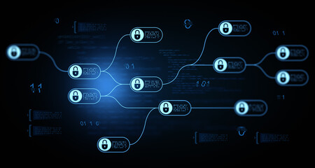 Blockchain network with digital padlocks representing secure data encryption and decentralized technology concept on dark digital background. 3D Rendering