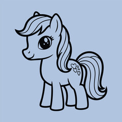 Naklejka premium Cute cartoon pony with big eyes and flowing mane standing on a plain background with heart shapes on its flank