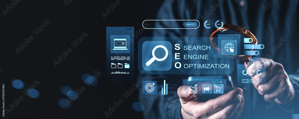 Poster seo search engine optimization concept with digital icons on dark background.