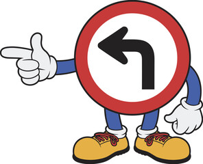 Cartoon traffic sign character with curved arrow and gloves, road safety illustration for educational themes, directional signage, and expressive storytelling design assets