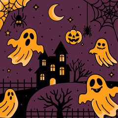 Halloween-themed vector illustration featuring a haunted house, crescent moon, ghosts, spiders, and jack-o'-lantern. Ideal for seasonal marketing, web design, social media graphics, and print material
