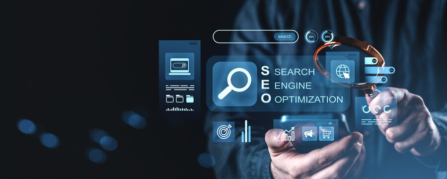 SEO search engine optimization concept with digital icons on dark background.