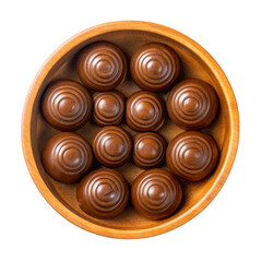Overhead view of a wooden bowl brimming with glossy round textured game pieces