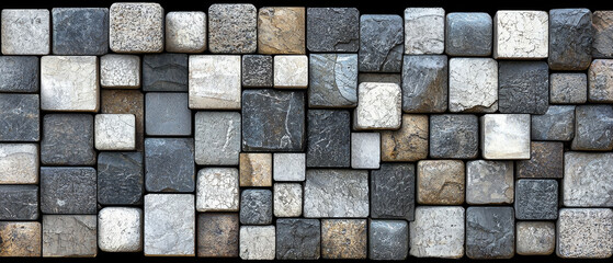 Abstract stone mosaic:  Grey, brown, and white cubes form a textured wall