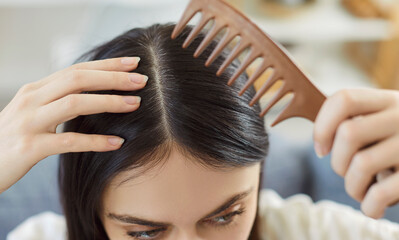 Fototapeta premium Close up shot of brunette woman brushing hair with eco wooden comb, taking care of her hair after washing it with shampoo and conditioner, enjoying daily habits in bathroom. Morning beauty care