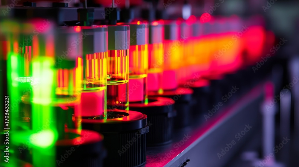 Wall mural colorful vials glowing under vibrant neon lights. this image captures the intersection of science an
