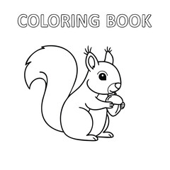 Obraz premium Black and white outline of a cute squirrel holding an acorn for a children's coloring book page design