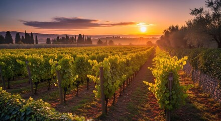 Naklejka premium Golden Sunrise Over a Lush Vineyard in the Tuscan Countryside.