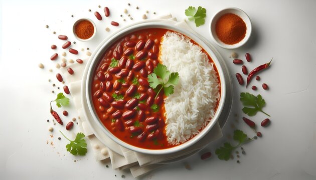 Indian rajma chawal kidney bean curry with rice on white ‑ generative AI Rajma Rice (Fast Food Style)