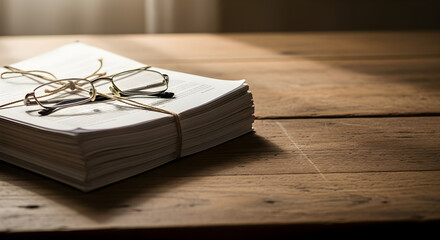 A pair of reading glasses rests on a stack of papers tied with string on a rustic wooden desk with soft light from a window.