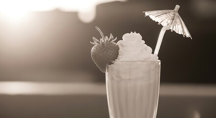 Vintage toned image of strawberry milkshake with whipped cream topping