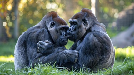 Two gorillas sitting on the grass in a zoo enclosure, facing each other with their mouths touching in a loving gesture.