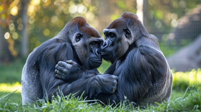 Two gorillas sitting on the grass in a zoo enclosure, facing each other with their mouths touching in a loving gesture.