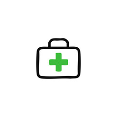 Simple black outline drawing of a medical kit/first-aid case with a green plus sign