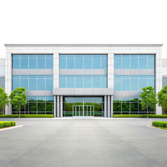 Expansive modern commercial building with large glass facade and lush landscaping