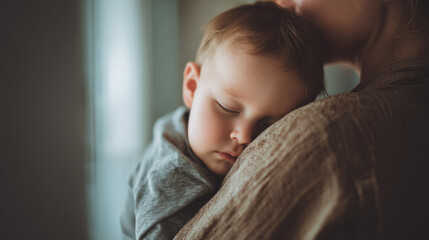 Baby peacefully sleeping in parent’s arms