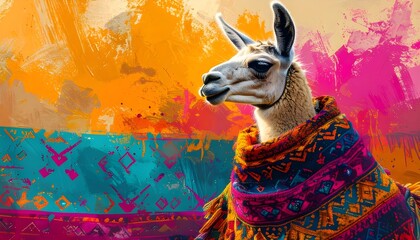 Colorful Llama in Andean Style.