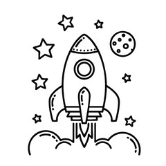 Black and white line art illustration of a rocket launching surrounded by stars and a planet in outer space
