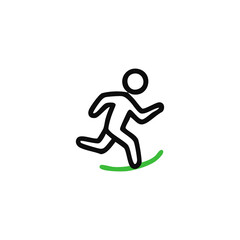 Simple black line drawing of a person running on a green path