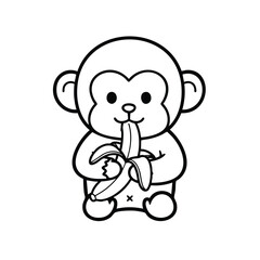 Naklejka premium Cute cartoon monkey sitting and eating a peeled banana with a simple black and white outline style