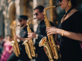 Obraz premium Group of musicians performing outdoors, playing golden saxophones, showcasing vibrant energy and rhythm, capturing the essence of live music and celebration in a lively atmosphere