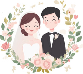Charming cartoon wedding couple embraced by a delicate floral wreath illustration