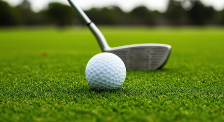 Golf ball and club on green grass
