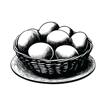 A basket filled with eggs placed on a plate, drawn in vintage engraving style on a white background, concept of farm produce and tradition