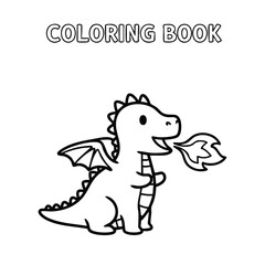 Obraz premium Cute cartoon dragon breathing fire in a simple black and white coloring book style illustration for children