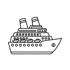 Fototapeta premium Black and white line drawing of a large passenger ship with multiple decks and two smokestacks in simple style