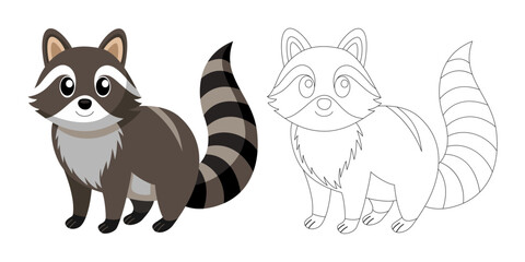 Cute cartoon raccoon vector illustration with coloring page outline, adorable woodland animal character for kids, nursery, and educational materials