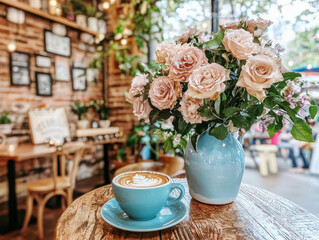 Coffee and roses in a cozy cafe