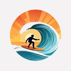 Silhouette of a surfer riding a large wave against a sunset backdrop.