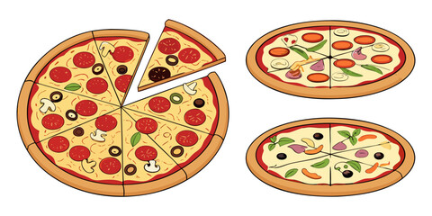 A realistic top-down view of a variety of whole pizzas displayed in a clean, evenly spaced layout on a white background. Each pizza features different toppings such as pepperoni, mushrooms, olives, on