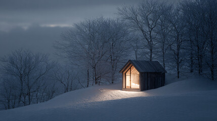 A solitary wooden cabin with a warm glowing light sits on a serene, snow-covered hillside at twilight.