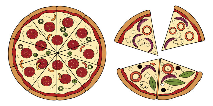 A realistic top-down view of a variety of whole pizzas displayed in a clean, evenly spaced layout on a white background. Each pizza features different toppings such as pepperoni, mushrooms, olives, on