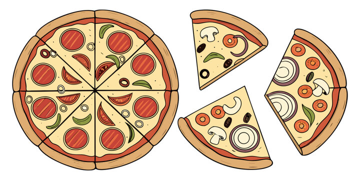 A realistic top-down view of a variety of whole pizzas displayed in a clean, evenly spaced layout on a white background. Each pizza features different toppings such as pepperoni, mushrooms, olives, on