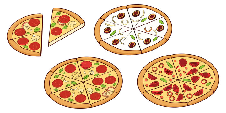 A realistic top-down view of a variety of whole pizzas displayed in a clean, evenly spaced layout on a white background. Each pizza features different toppings such as pepperoni, mushrooms, olives, on