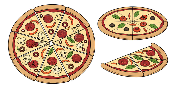 A realistic top-down view of a variety of whole pizzas displayed in a clean, evenly spaced layout on a white background. Each pizza features different toppings such as pepperoni, mushrooms, olives, on