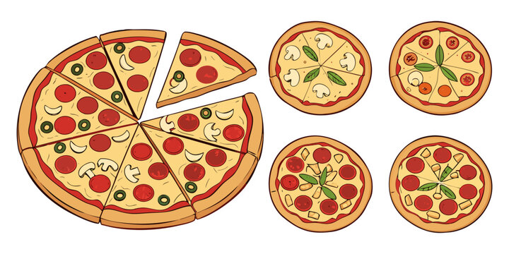 A realistic top-down view of a variety of whole pizzas displayed in a clean, evenly spaced layout on a white background. Each pizza features different toppings such as pepperoni, mushrooms, olives, on