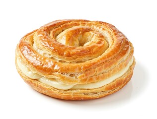 Delicious round pastry filled with cream cheese on white background