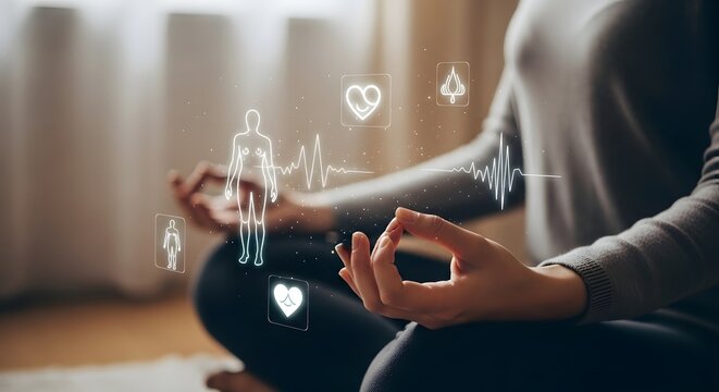 Holistic wellness concept showing a person in a meditative state, interacting with a digital health interface for modern self-care - Powered by Adobe