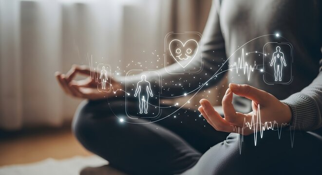 A person in a lotus pose practices mindfulness meditation, interacting with a glowing digital health interface for biofeedback and holistic wellness - Powered by Adobe