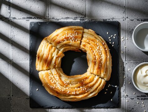 Duchess potatoes ring with sesame seeds and sour cream on slate plate