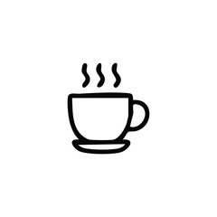 Simple black outline drawing of a hot beverage in a cup and saucer