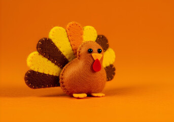 Detailed macro shot of an orange, brown, and yellow felt @turkey with visible stitch details on a bright orange felt background, shallow depth of field, copy space.