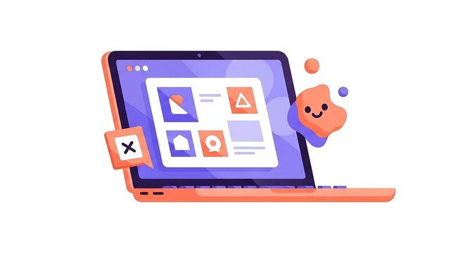 Illustration of a laptop displaying a user interface with geometric shapes and a smiling blob character.