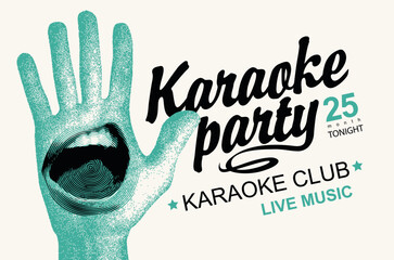 Vector poster for karaoke party in vintage style with singing mouth, hand and inscription. Suitable for promotional music banner, flyer, invitation, ticket. No AI used