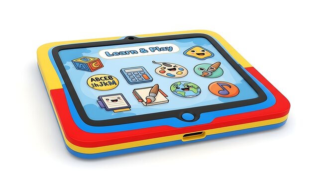 A colorful children's tablet displaying educational icons, ready for learning and play.