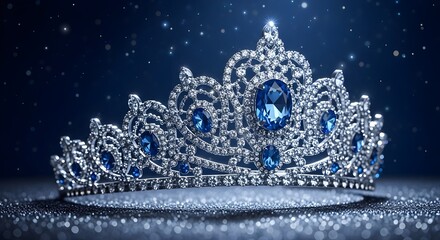 Sparkling blue gemstone crown on glittery surface
